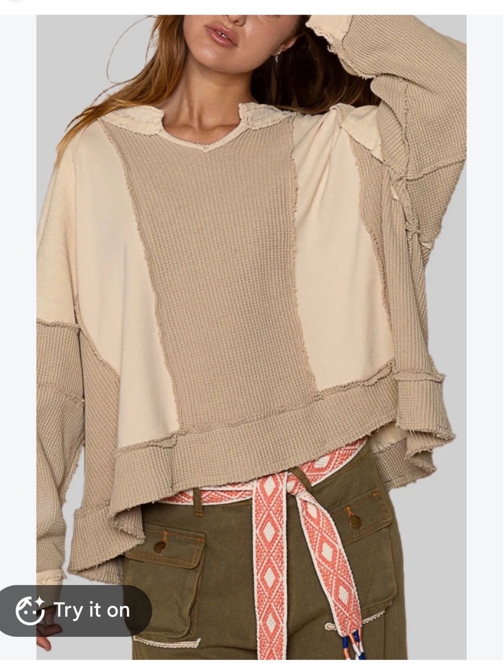 POL 100% cotton frayed edge Women's Beige Patchwork Knit Pullover Top Medium